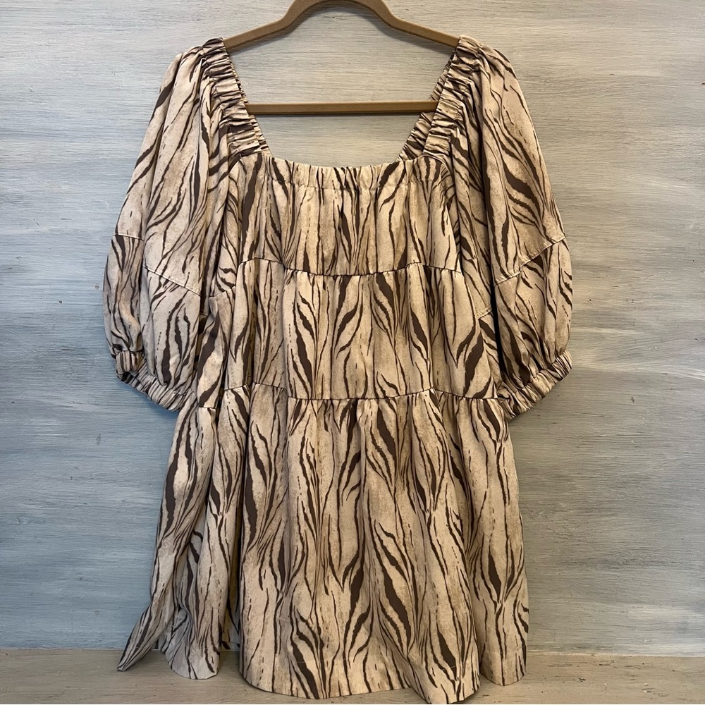 Mustard Seed Beige Tan Zebra Print Puff Sleeve Baby Doll Mini Dress Small‎ LN